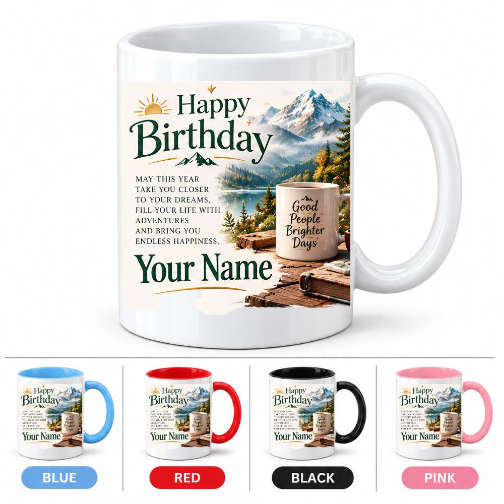 Personalised Birthday Mug "Happy Birthday" 325ml Ceramic Coffee Tea Cup – Mountain Landscape, Scenic View, Custom Name & Adventure Wish Slogan Novelty Gift for Travelers, Men, Women, Birthday – Fast Dispatch by UK Seller (M3513)