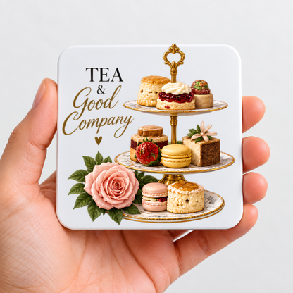 Afternoon Tea Hardboard Coaster "Tea & Good Company" Graphic 9cm x 9cm Square Drinks Coaster “ Elegant 3-Tier Cake Stand with Scones, Macarons & Pink Rose Novelty Mat | Elegant Glossy Gift for Tea Lovers | Fast Dispatch by UK Seller (C3006)