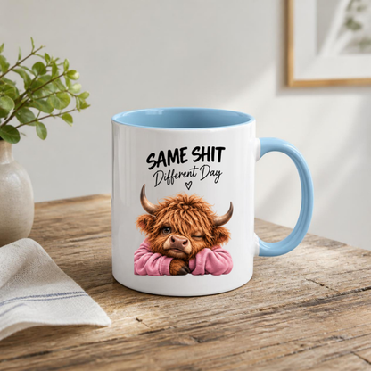 Sassy Highland Cow Mug "SAME SHIT Different Day" Graphic 325ml Ceramic Coffee Cup Highland Cow in Pink Jumper Winking Novelty Tea Cup | Funny Sarcastic Work Gift for Coworkers & Friends | Available in Multicolours | Fast Dispatch by UK Seller (M3137)