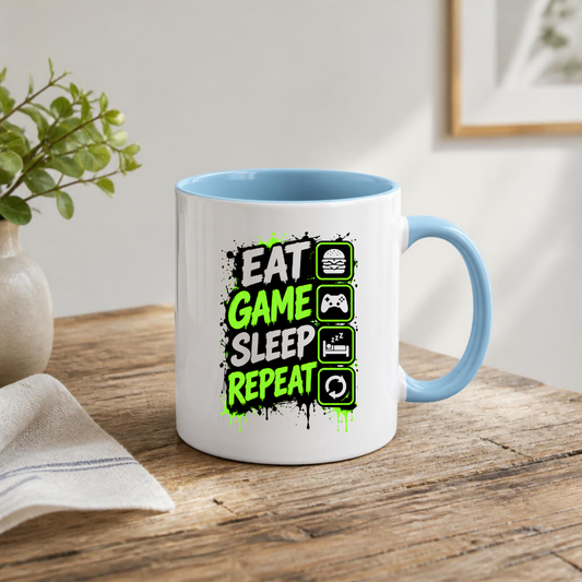 Gaming Mug "Eat Game Sleep Repeat" Eat Game Sleep Repeat 325ml Ceramic Coffee Mug – Gamer Routine Mug with Burger, Controller, Bed & Recycle Icons | Video Game Gift | Fast Dispatch by UK Seller (M3346)