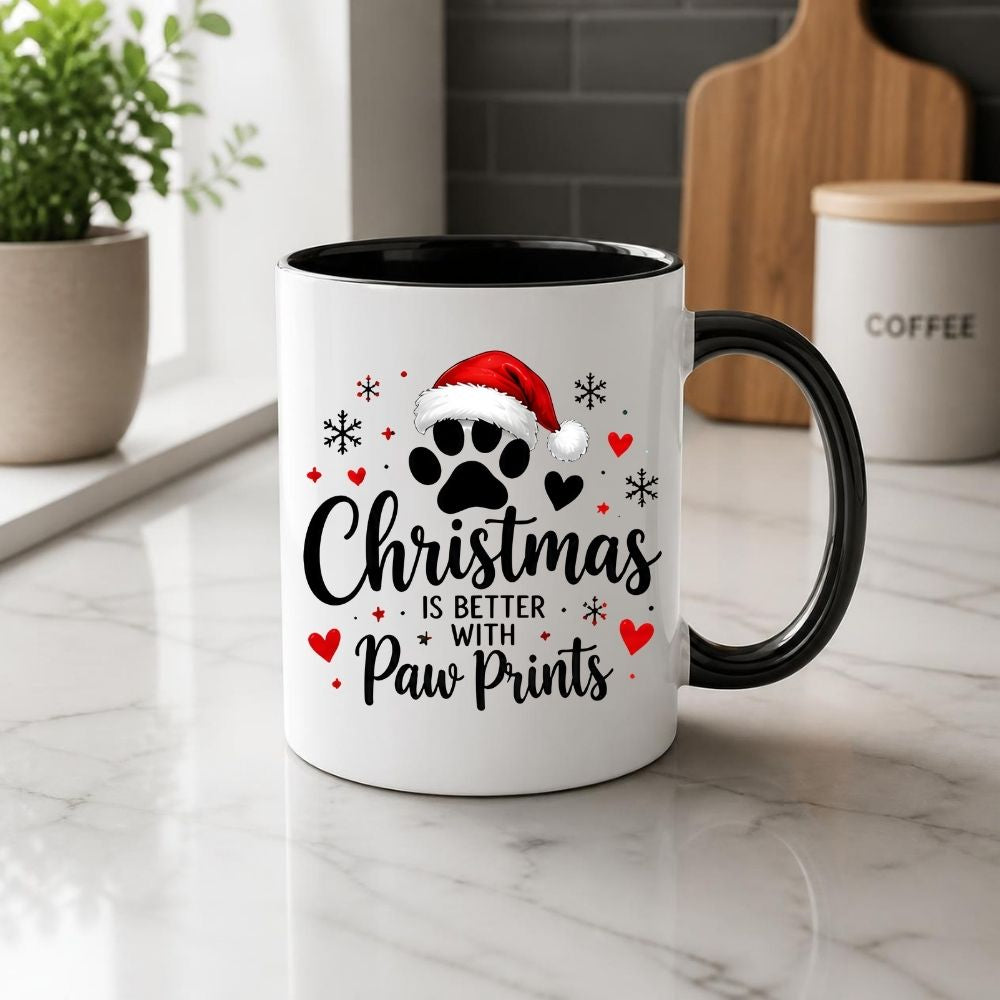 Festive Mug "Christmas is Better with Paw Prints" Santa Hat 325ml Ceramic Coffee Mug Cute Winter Holiday Tea Cup with Dog & Cat Paw, Hearts and Snowflakes | Available in Multicolours | Fast Dispatch by UK Seller (M1273)