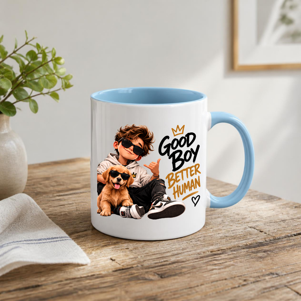 Dog Mug "Good Boy Better Human" 325ml Ceramic Coffee Tea Cup – Golden Retriever Puppy Graphic, Sunglasses & Slogan Novelty Gift for Dog Lovers, Teens, Birthday – Fast Dispatch by UK Seller (M3500)