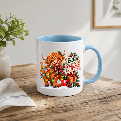 Christmas Mug "Believe in the Magic Highland Cow" Believe in the Magic Highland Cow 325ml Ceramic Coffee Mug – Festive Christmas Lights Tea Cup With Wooden Sign Presents Graphic Gift | Available in Multicolours | Fast Dispatch by UK Seller (M3173)