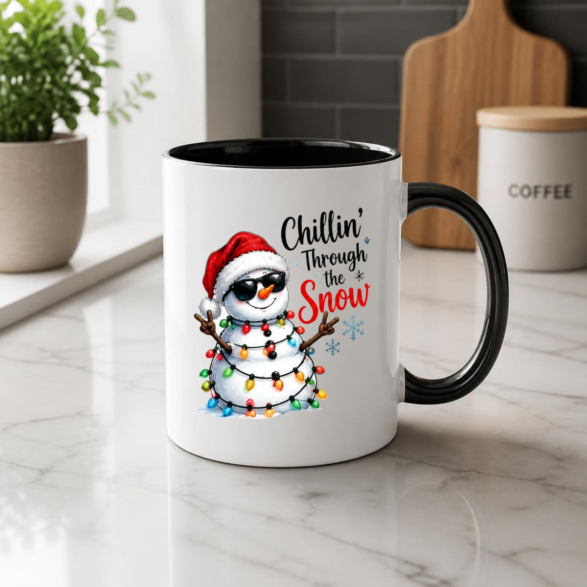Cool Mug "Chillin' Through the Snow" Snowman 325ml Ceramic Coffee Mug  Funny Winter Holiday Tea Cup with Sunglasses & Christmas Lights Gift | Available in Multicolours | Fast Dispatch by UK Seller (M1248)