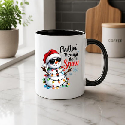 Cool Mug "Chillin' Through the Snow" Snowman 325ml Ceramic Coffee Mug  Funny Winter Holiday Tea Cup with Sunglasses & Christmas Lights Gift | Available in Multicolours | Fast Dispatch by UK Seller (M1248)