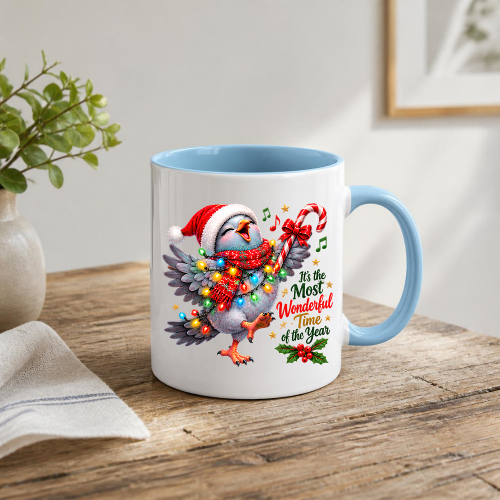 Holiday Mug "It's the Most Wonderful Time of the Year Bird" 325ml Ceramic Coffee Mug – Joyful Singing Christmas Bird Wrapped In Christmas Lights Scarf Festive Holiday Gift | Available in Multicolours | Fast Dispatch by UK Seller (M3268)