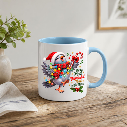 Holiday Mug "It's the Most Wonderful Time of the Year Bird" 325ml Ceramic Coffee Mug – Joyful Singing Christmas Bird Wrapped In Christmas Lights Scarf Festive Holiday Gift | Available in Multicolours | Fast Dispatch by UK Seller (M3268)