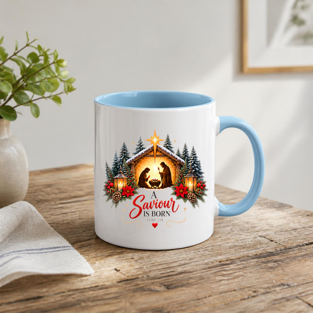 Christmas Mug "A Saviour Is Born Luke 2:11" A Saviour Is Born 325ml Ceramic Coffee Mug – Festive Nativity Scene Mug with Star of Bethlehem Poinsettia Holiday Gift | Available in Multicolours | Fast Dispatch by UK Seller (M3320)