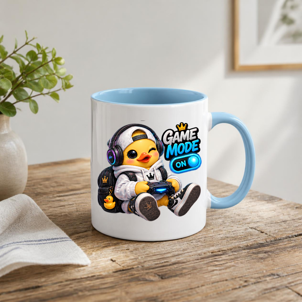 Gamer Mug "Game Mode On Gamer Duck" Game Mode On 325ml Ceramic Coffee Mug – Cute Gamer Duck in White Hoodie, Cap, RGB Gaming Headset Holding Controller Fun Gift For Gamers Friends | Available in Multicolours | Fast Dispatch by UK Seller (M3255)
