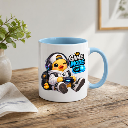 Gamer Mug "Game Mode On Gamer Duck" Game Mode On 325ml Ceramic Coffee Mug – Cute Gamer Duck in White Hoodie, Cap, RGB Gaming Headset Holding Controller Fun Gift For Gamers Friends | Available in Multicolours | Fast Dispatch by UK Seller (M3255)