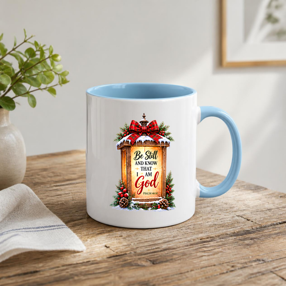 Religious Christmas Mug "Be Still And Know That I Am God" Lantern Be Still And Know That I Am God 325ml Ceramic Coffee Mug – Christian Lantern Scripture Mug with Psalm 46:10, Bow & Pinecones | Religious Holiday Gift | Fast Dispatch by UK Seller (M3354)
