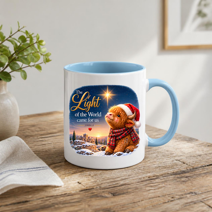 Christmas Mug "The Light Of The World Came For Us Highland Cow" John 1:5 325ml Ceramic Coffee Mug – Festive Highland Cow Mug With Santa Hat Star Of Bethlehem Christian Holiday Gift | Available in Multicolours | Fast Dispatch by UK Seller (M3308)