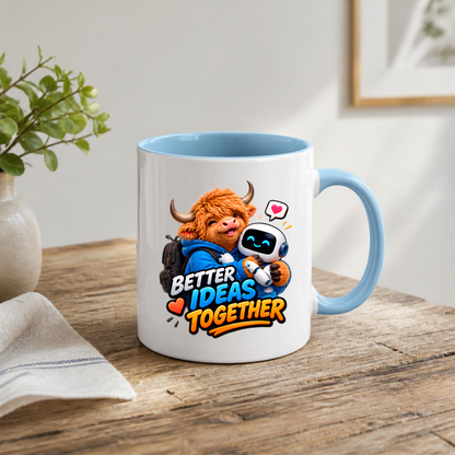 Tech Mug "Better Ideas Together Highland Cow" 325ml Ceramic Coffee Mug – Cute Highland Cow Hugging AI Robot Companion Modern Tech Gift For Coworkers Developers AI Enthusiasts | Available in Multicolours | Fast Dispatch by UK Seller (M3231)