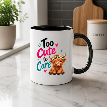 Sassy Mug "Too Cute to Care" Highland Cow 325ml Ceramic Coffee Mug Cute Animal Tea Cup with Daisy Flower Crown & Cheeky Calf Gift | Available in Multicolours | Fast Dispatch by UK Seller (M1285)