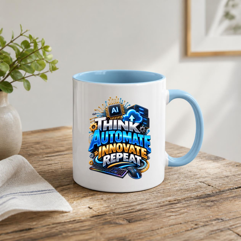 Tech Mug "Think Automate Innovate Repeat" Think Automate Innovate Repeat 325ml Ceramic Coffee Mug – Tech Developer Mug with AI Processor, Cloud, Keyboard & Mouse | IT Programmer Gift | Fast Dispatch by UK Seller (M3326)