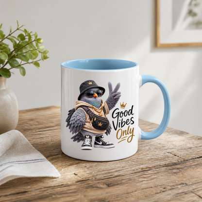 Good Vibes Mug "Good Vibes Only Cool Pigeon" 325ml Ceramic Mug – Cool Pigeon in Bucket Hat, Gold Chain, Crossbody Bag High Top Sneakers Funny Streetwear Bird Mug Gift For Friends Coworkers | Available in Multicolours | Fast Dispatch by UK Seller (M3237)