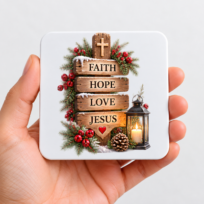 Inspirational Religious Hardboard Coaster "Faith Hope Love Jesus" Graphic 9cm x 9cm Square Drinks Coaster “Rustic Wooden Directional Sign with Cross, Lantern & Pinecones Novelty Mat | Christian Glossy Gift | Fast Dispatch by UK Seller (C3050)