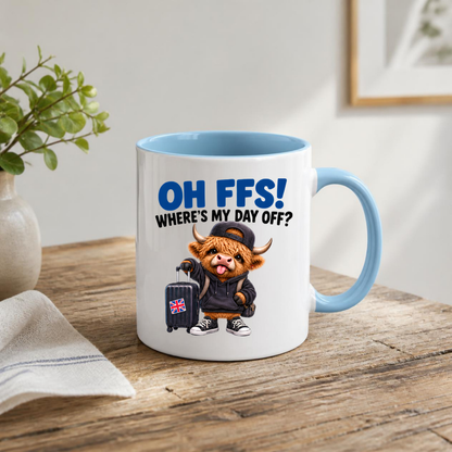 Highland Cow Day Off Mug "OH FFS! Where's My Day Off?" Oh Ffs! Where's My Day Off? 325ml Ceramic Coffee Mug – Cute Highland Cow in Hoodie & Cap with Union Jack Suitcase | Funny Work & Holiday Gift | Fast Dispatch by UK Seller (M3380)