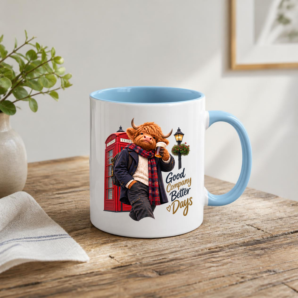 London Mug "Good Company Better Days British Highland Cow" Good Company Better Days 325ml Ceramic Coffee Mug – Cozy Highland Cow with Pint Of Beer By Red Phone Box Lamp Post British Gift | Available in Multicolours | Fast Dispatch by UK Seller (M3286)