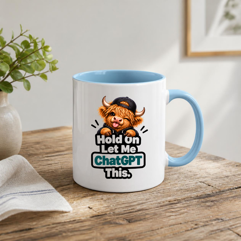 Funny Highland Cow AI Mug "Hold On Let Me ChatGPT This" Hold On Let Me ChatGPT This 325ml Ceramic Coffee Mug – Cute Highland Cow in Cap & Hoodie AI Tech Humor | Funny Work & Developer Gift | Fast Dispatch by UK Seller (M3458)