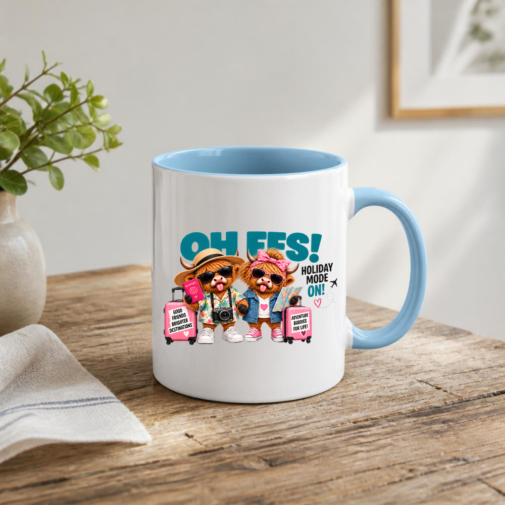 Holiday Highland Cows Mug "OH FFS! Holiday Mode On!" Oh Ffs! Holiday Mode On! 325ml Ceramic Coffee Mug – Cute Highland Cows Travel Buddies with Suitcases, Passport, Map & Camera | Funny Travel Gift | Fast Dispatch by UK Seller (M3370)