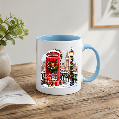 London Christmas Telephone Box Mug "Winter in London" Christmas in London Telephone Box 325ml Ceramic Coffee Mug –Big Ben & Houses of Parliament Scene with Festive Wreath, Lamp Post & Gift Boxes | Holiday Souvenir Gift | Fast Dispatch by UK Seller (M3439)