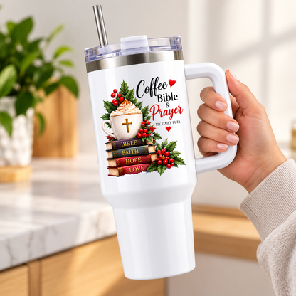 Inspirational Religious Travel Tumbler "Coffee Bible & Prayer My Daily Fuel" Graphic 40oz Stainless Steel Insulated Travel Mug with Handle & Straw – Coffee Mug with Cross, Books & Holly Berries Novelty Travel Cup | Fast Dispatch by UK Seller (T3014)