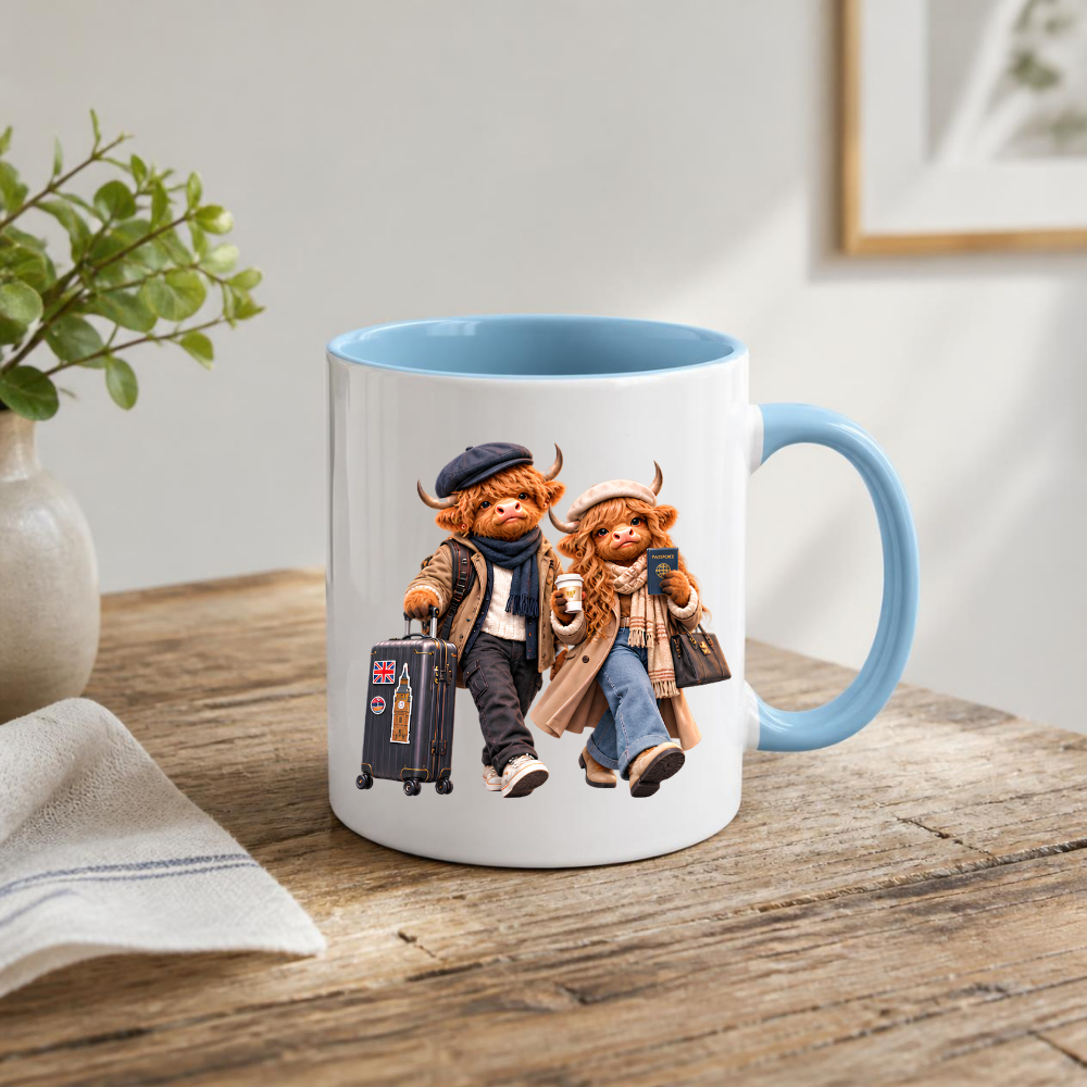 Travelers Mug "World Travelers Highland Cow Couple" 325ml Ceramic Mug – Stylish Highland Cow Couple with Passport Suitcase Stamped With Big Ben Union Jack Cozy Gift For Travelers Couples | Available in Multicolours | Fast Dispatch by UK Seller (M3262)