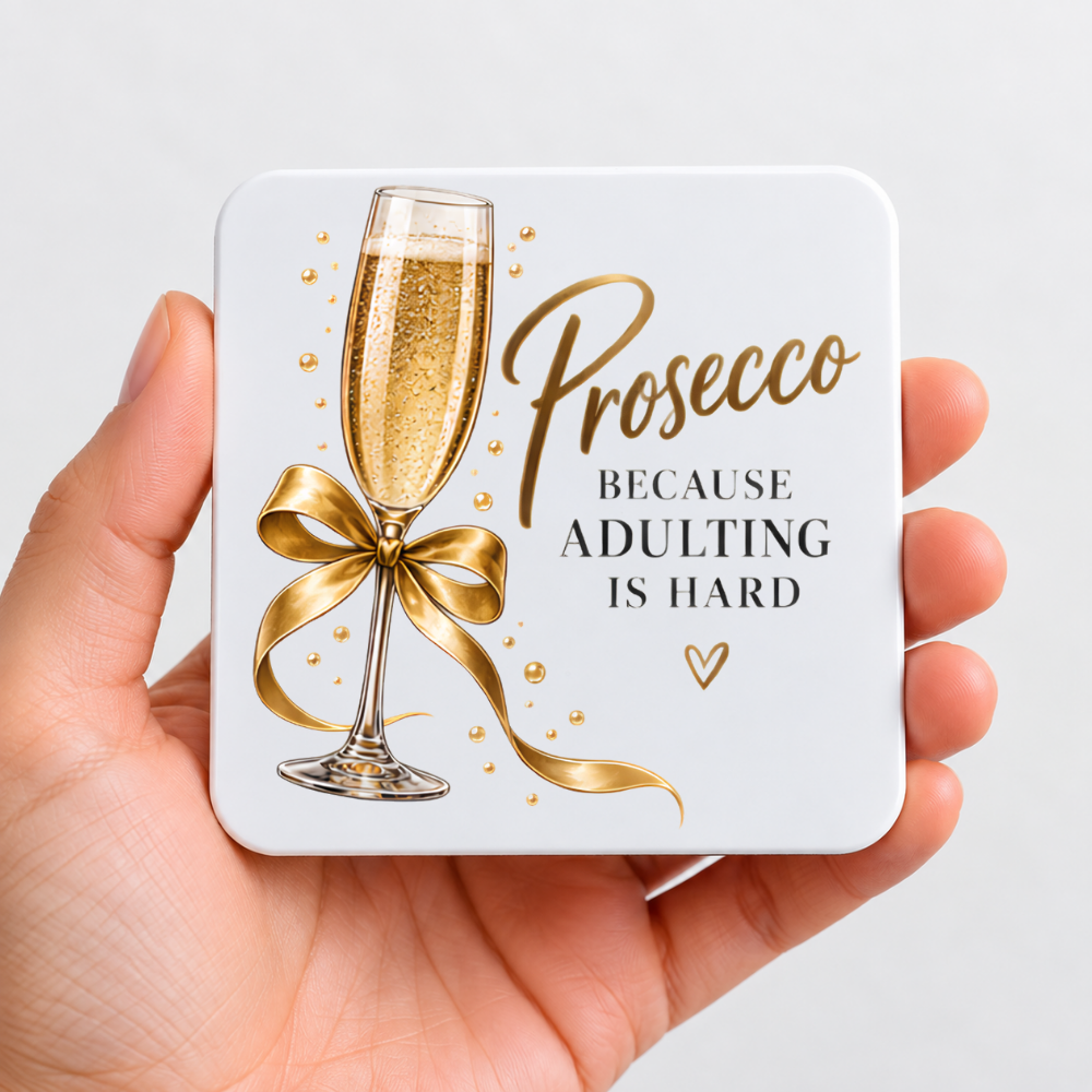 Glamorous Prosecco Hardboard Coaster "Prosecco Because Adulting is Hard" Graphic 9cm x 9cm Square Drinks Coaster – Champagne Flute with Gold Satin Ribbon & Sparkles Novelty Mat | Elegant Glossy Gift for Prosecco Lovers | Fast Dispatch by UK Seller (C3012)