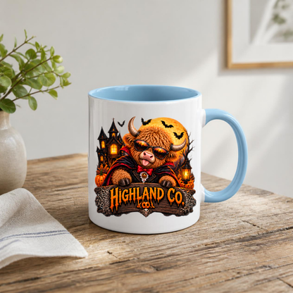 Halloween Mug "Vampire Costume Highland Co." Vampire Costume Highland Cow 325ml Ceramic Coffee Mug – Spooky Halloween Tea Cup with Dracula Cape Sunglasses Haunted House Graphic Gift | Available in Multicolours | Fast Dispatch by UK Seller (M3179)