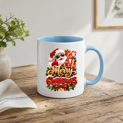 Christmas Mug "Merry Christmas" Cool Santa with Sunglasses & Gifts Merry Christmas 325ml Ceramic Coffee Mug – Cool Santa in Sunglasses Giving Thumbs Up with Gift Boxes & Candy Cane | Festive Holiday Gift | Fast Dispatch by UK Seller (M3362)