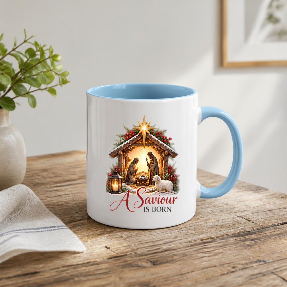 Christmas Mug "A Saviour Is Born Nativity Scene" 325ml Ceramic Coffee Mug – Christian Christmas Nativity Scene Mug with Bethlehem Star Baby Jesus Lamb Religious Holiday Gift | Available in Multicolours | Fast Dispatch by UK Seller (M3300)