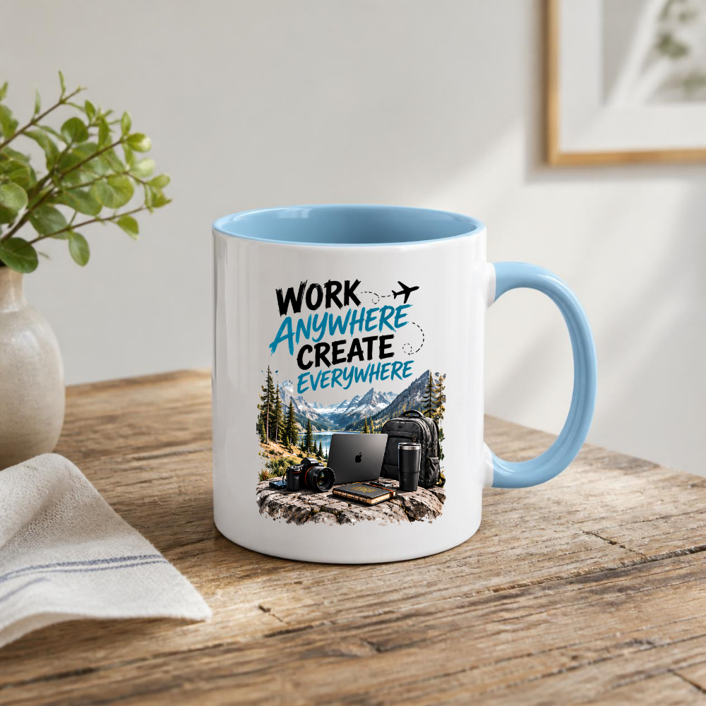 Tech Mug "Work Anywhere Create Everywhere" Work Anywhere Create Everywhere 325ml Ceramic Coffee Mug – Digital Nomad Mug with Mountain Lake, Laptop, Camera & Travel Backpack | Remote Work Gift | Fast Dispatch by UK Seller (M3334)