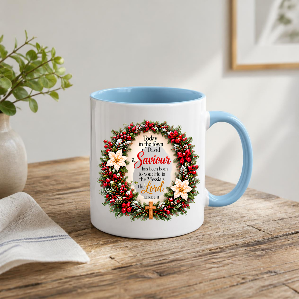 Religious Christmas Mug "Today In The Town Of David A Saviour Has Been Born To You" 325ml Ceramic Coffee Mug – Christian Christmas Scripture Mug with Luke 2:11, Wreath & Poinsettia | Religious Holiday Gift | Fast Dispatch by UK Seller (M3340)