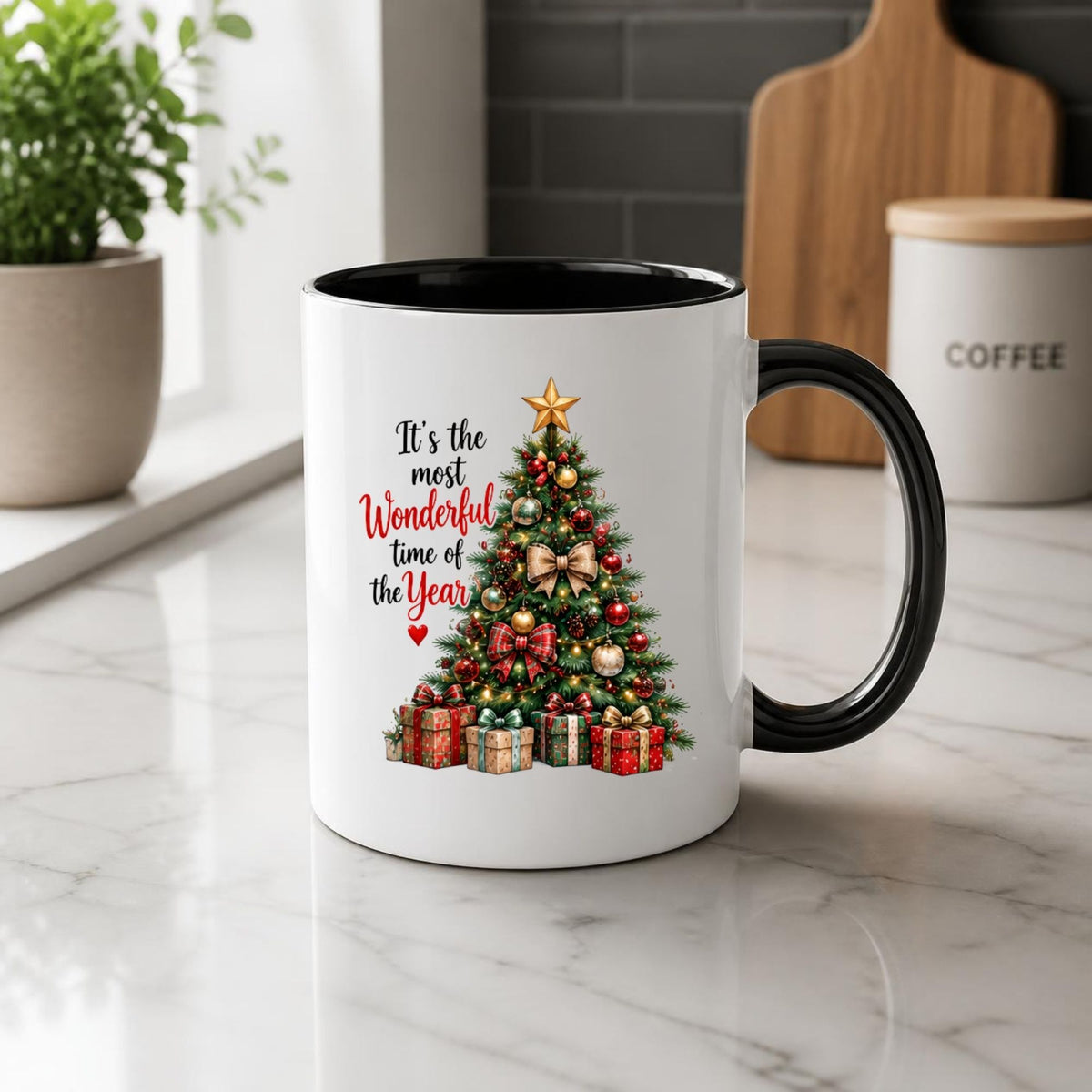 Festive Mug "It's the Most Wonderful Time of the Year" Christmas Tree 325ml Ceramic Coffee Mug – Classic Holiday Tea Cup with Ornaments, Star Gifts Gift | Available in Multicolours | Fast Dispatch by UK Seller (M1262)