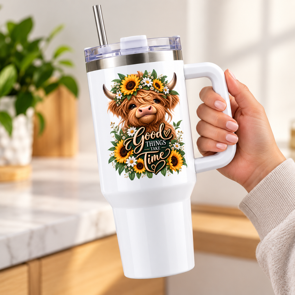 Floral Sunflower Highland Cow Travel Tumbler "Good Things Take Time" Graphic 40oz Stainless Steel Insulated Travel Mug with Handle & Straw – Highland Cow in Sunflower Crown & Botanical Wreath Novelty Travel Cup | Fast Dispatch by UK Seller (T3033)