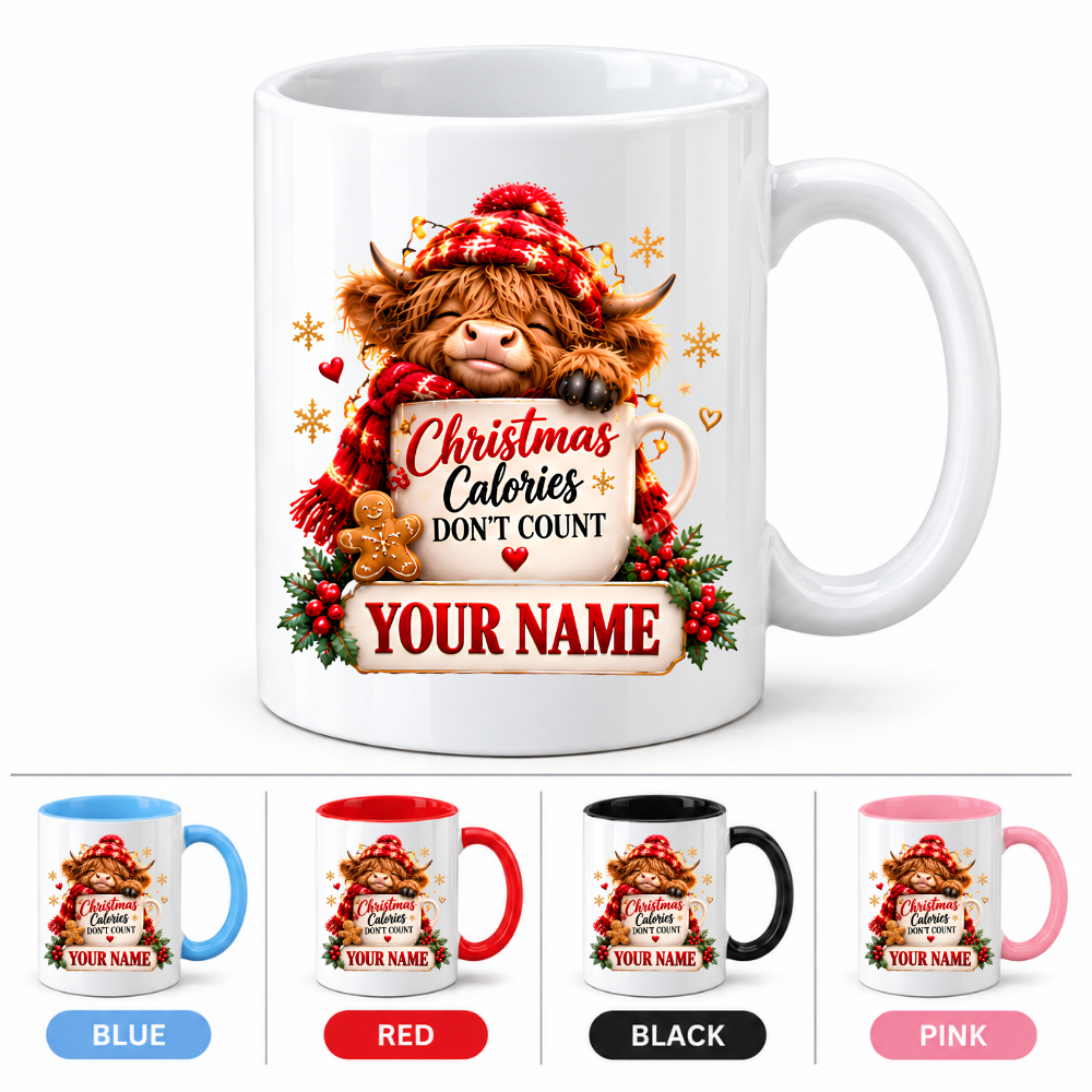 Personalised Christmas Mug "Christmas Calories Don't Count" 325ml Ceramic Coffee Tea Cup – Santa Hat Highland Cow, Gingerbread Man, Custom Name & Funny Holiday Slogan Novelty Gift for Bestie, Women, Holiday – Fast Dispatch by UK Seller (M3519)