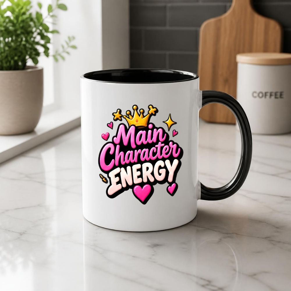Sassy Mug "Main Character Energy" 325ml Ceramic Coffee Mug Cute Bold Typography Tea Cup with Gold Crown, Sparkles & Pink Hearts Gift | Available in Multicolours | Fast Dispatch by UK Seller (M1299)