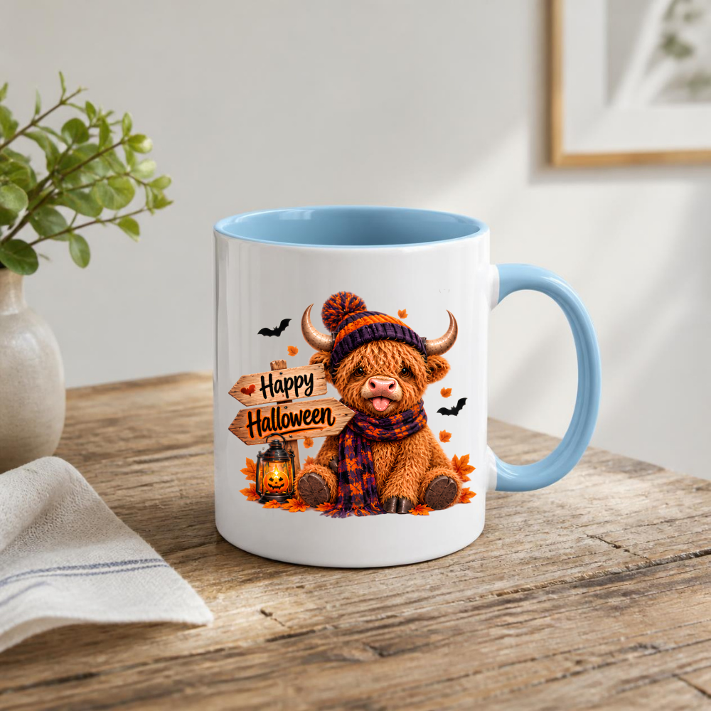 Halloween Mug "Cozy Beanie Happy Halloween" Cozy Halloween Highland Cow 325ml Ceramic Coffee Mug – Autumn Beanie Tea Cup with Wooden Sign Lantern Graphic Gift | Available in Multicolours | Fast Dispatch by UK Seller (M3167)