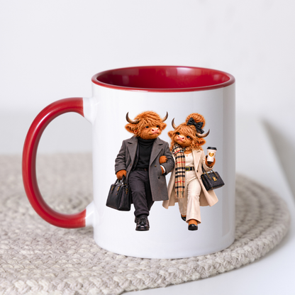 Fashion Mug "Elegance Highland Cow Couple Walking" Elegance Highland Cow Couple 325ml Ceramic Coffee Mug– Chic Winter Walking Tea Cup with Charcoal Overcoat Beige Trench Scarf Graphic Gift | Available in Multicolours | Fast Dispatch by UK Seller (M3191)