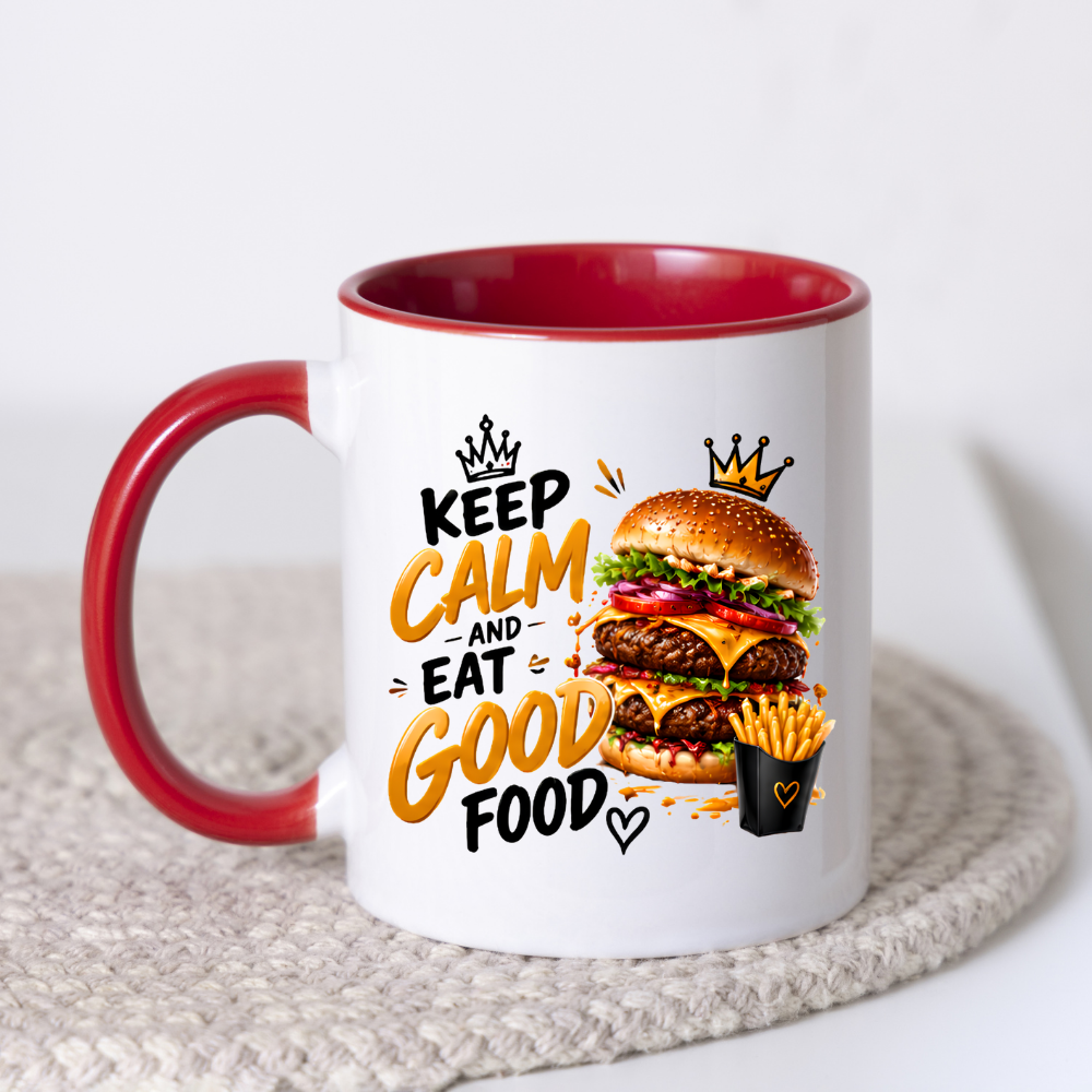 Burger Mug "Keep Calm And Eat Good Food" 325ml Ceramic Coffee Tea Cup – Double Cheeseburger, Fries & Slogan Novelty Gift for Foodies, Fast Food Lovers, Birthday – Fast Dispatch by UK Seller (M3506)