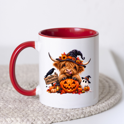 Halloween Mug "Happy Halloween" Cute Witchy Highland Cow 325ml Ceramic Coffee Mug Spooky Autumn Tea Cup with Pumpkin and Ghost Graphic Gift | Available in Multicolours | Fast Dispatch by UK Seller (M3155)