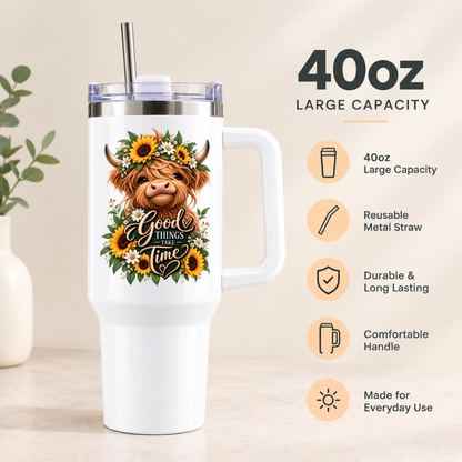 Floral Sunflower Highland Cow Travel Tumbler "Good Things Take Time" Graphic 40oz Stainless Steel Insulated Travel Mug with Handle & Straw – Highland Cow in Sunflower Crown & Botanical Wreath Novelty Travel Cup | Fast Dispatch by UK Seller (T3033)