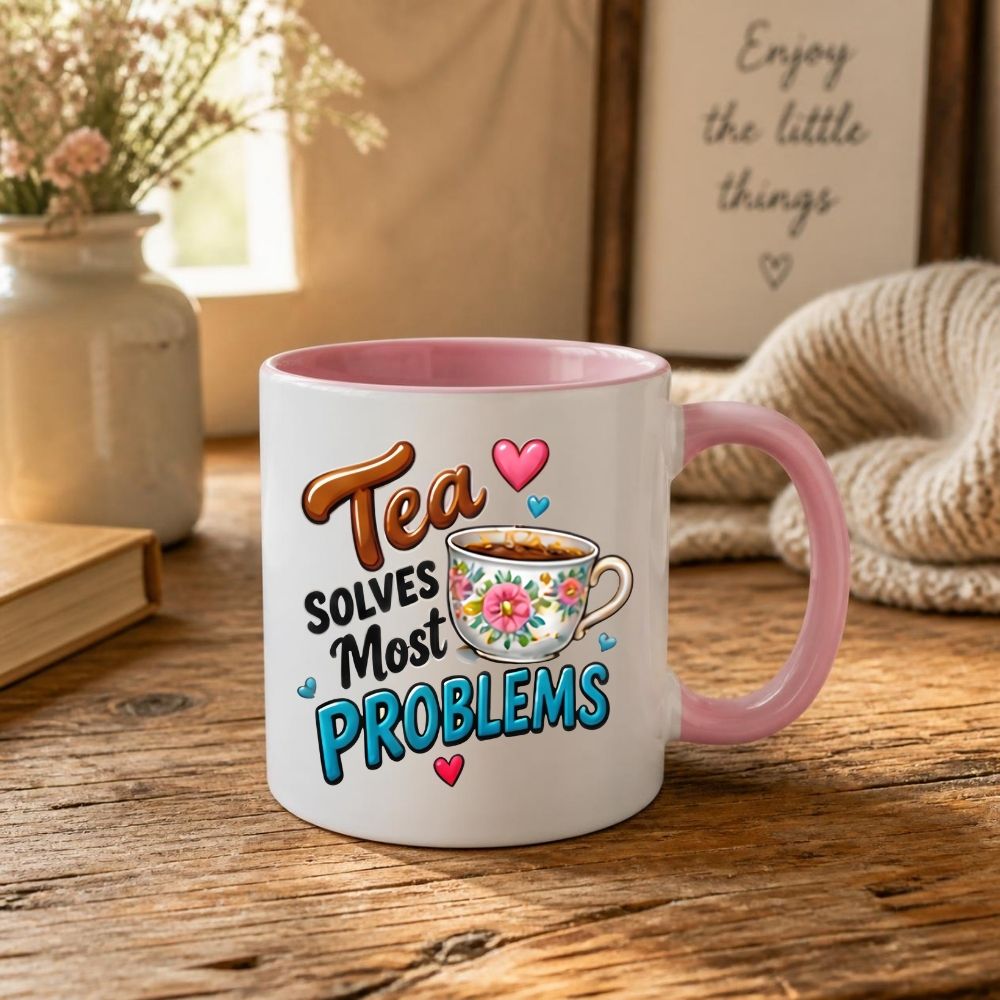 Humorous Mug "Tea Solves Most Problems" 325ml Ceramic Coffee Mug – Funny British Cuppa Tea Cup with Vintage Floral Teacup & Hearts Graphic Gift | Available in Multicolours | Fast Dispatch by UK Seller (M1314)