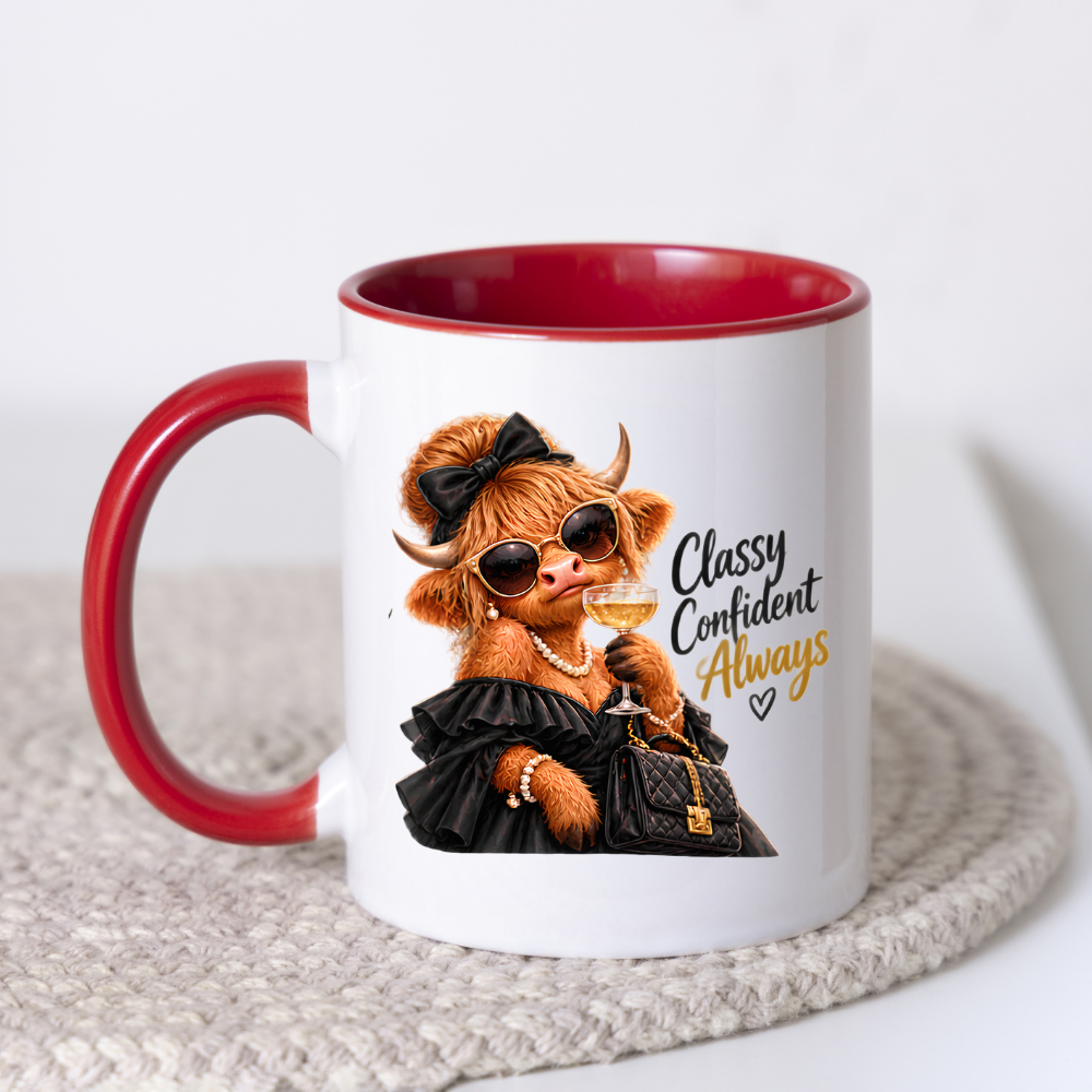Highland Cow Mug "Classy Confident Always Highland Cow" 325ml Ceramic Coffee Mug – Glamorous Highland Cow in Black Evening Dress Pearls Sunglasses Bow Holding Champagne Glass Chic Gift | Available in Multicolours | Fast Dispatch by UK Seller (M3280)