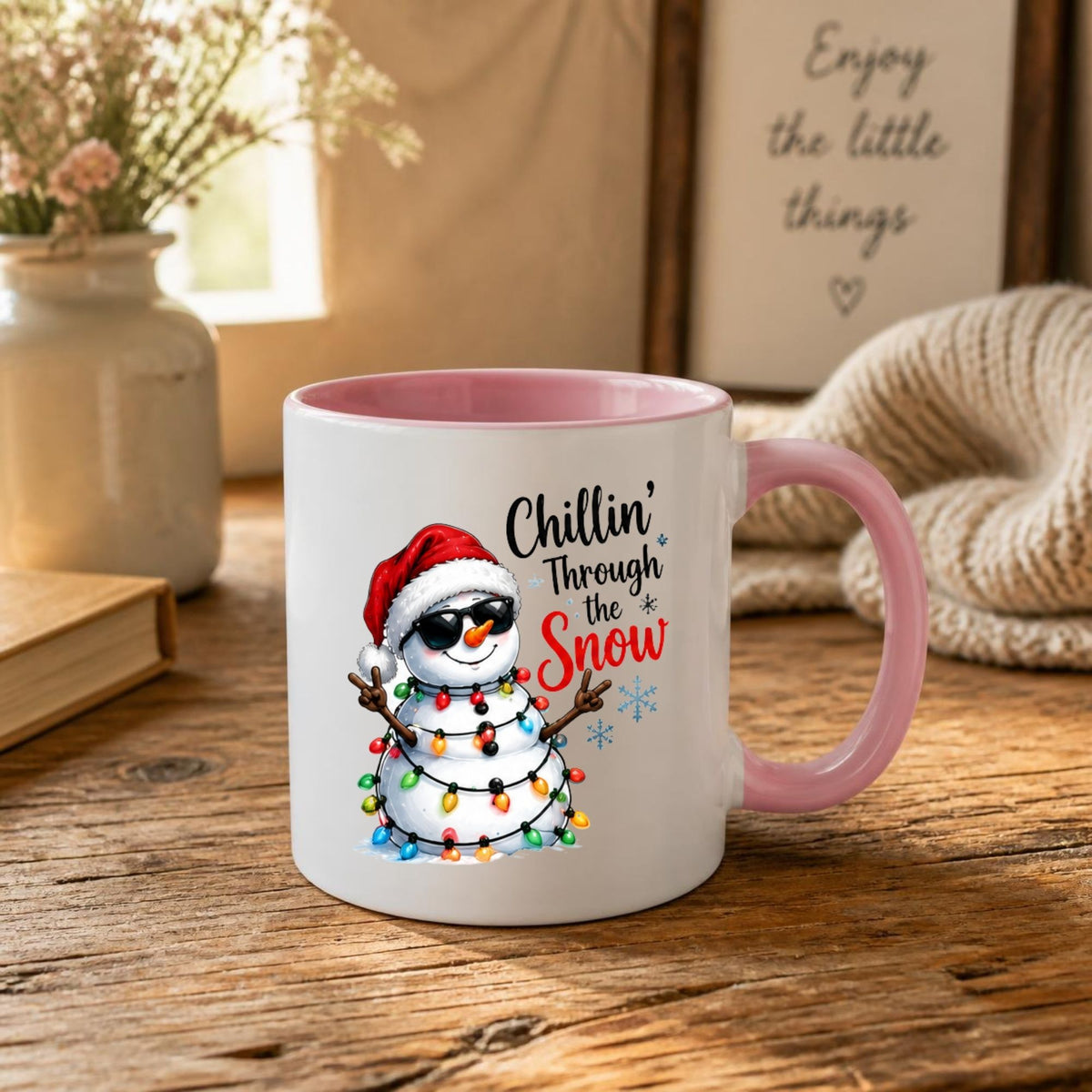Cool Mug "Chillin' Through the Snow" Snowman 325ml Ceramic Coffee Mug  Funny Winter Holiday Tea Cup with Sunglasses & Christmas Lights Gift | Available in Multicolours | Fast Dispatch by UK Seller (M1248)