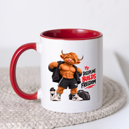 Gym Mug "Discipline Builds Freedom Muscular Highland Cow" Discipline Builds Freedom 325ml Ceramic Coffee Mug – Muscular Highland Cow Showing Six Pack Abs Open Zip Jacket Gym Fitness Gift | Available in Multicolours | Fast Dispatch by UK Seller (M3274)
