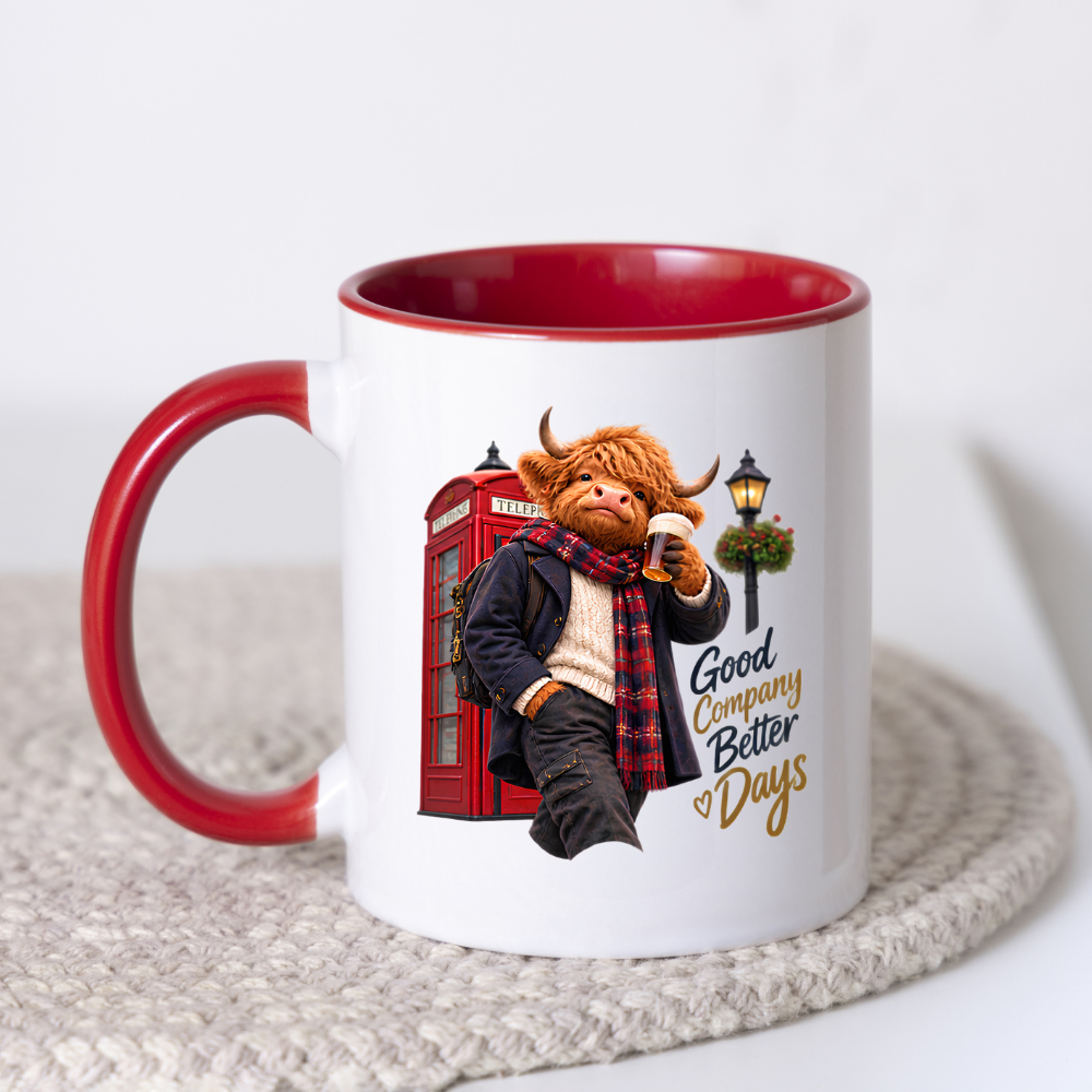 London Mug "Good Company Better Days British Highland Cow" Good Company Better Days 325ml Ceramic Coffee Mug – Cozy Highland Cow with Pint Of Beer By Red Phone Box Lamp Post British Gift | Available in Multicolours | Fast Dispatch by UK Seller (M3286)
