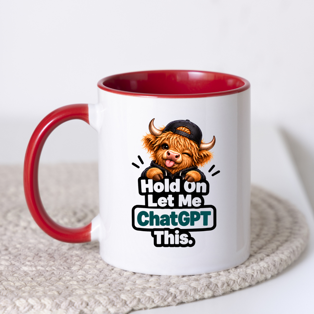 Funny Highland Cow AI Mug "Hold On Let Me ChatGPT This" Hold On Let Me ChatGPT This 325ml Ceramic Coffee Mug – Cute Highland Cow in Cap & Hoodie AI Tech Humor | Funny Work & Developer Gift | Fast Dispatch by UK Seller (M3458)