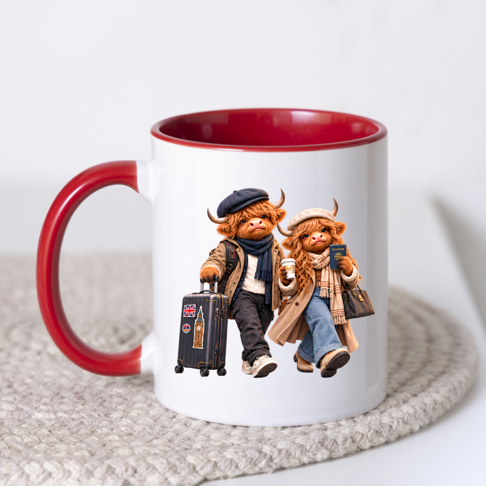 Travelers Mug "World Travelers Highland Cow Couple" 325ml Ceramic Mug – Stylish Highland Cow Couple with Passport Suitcase Stamped With Big Ben Union Jack Cozy Gift For Travelers Couples | Available in Multicolours | Fast Dispatch by UK Seller (M3262)